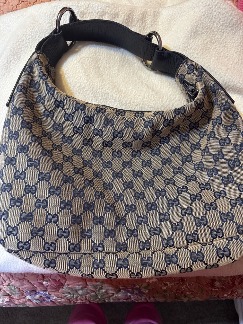 Gucci Beige and Navy GG Canvas Shoulder Bag with Black Handle